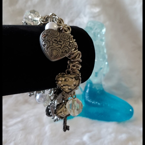 Silvertone stretch bracelet charms crystals beads dangles hearts keys  findings - Picture 5 of 7